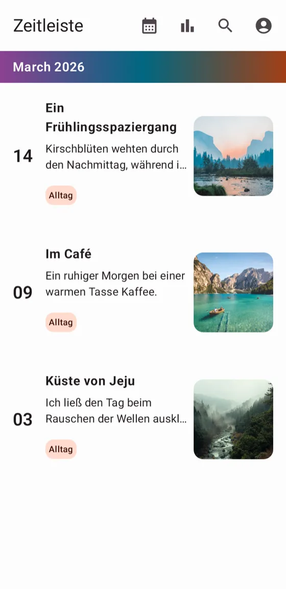 Zeitstrahl-Bildschirm mit früheren Einträgen