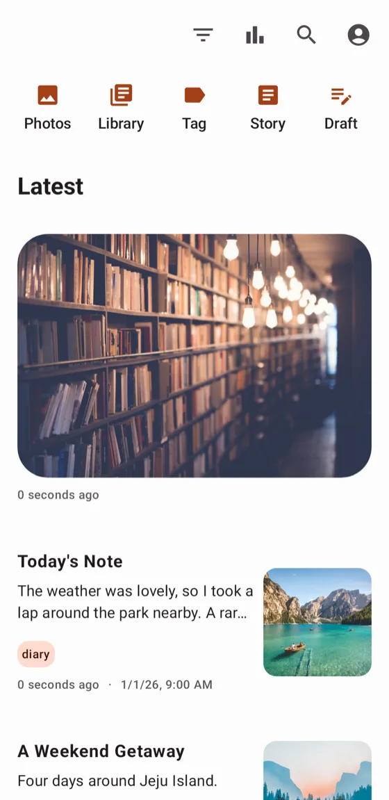 Memorial home screen showing today's entry