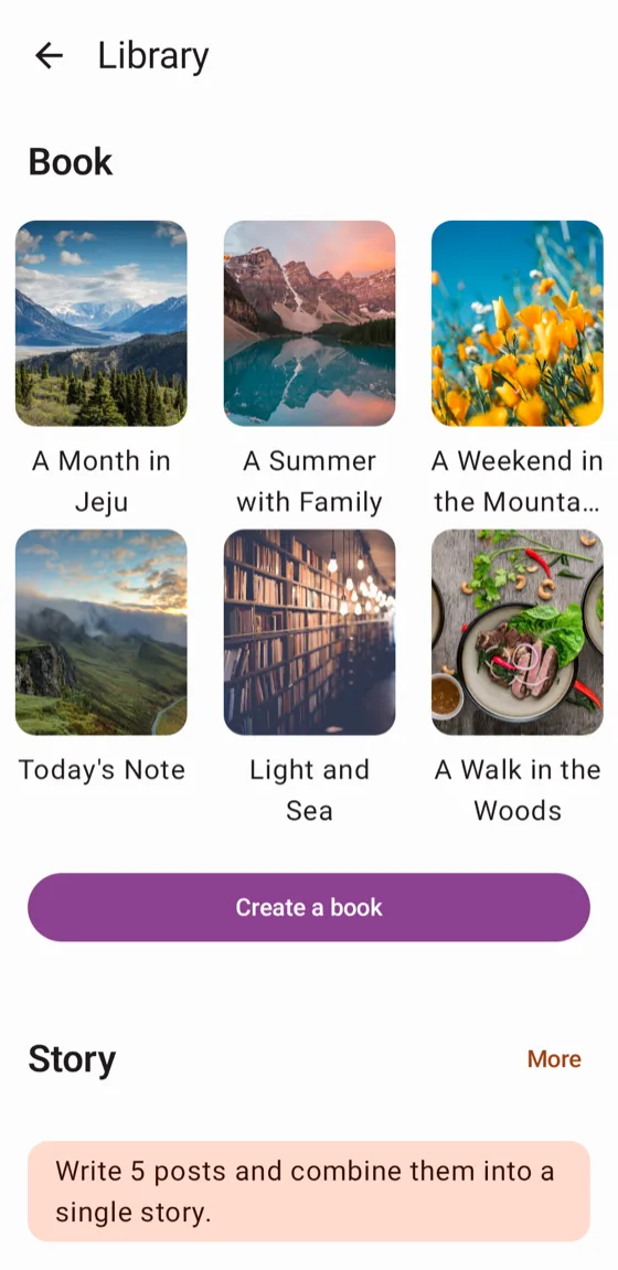 Library screen with the ebooks you created