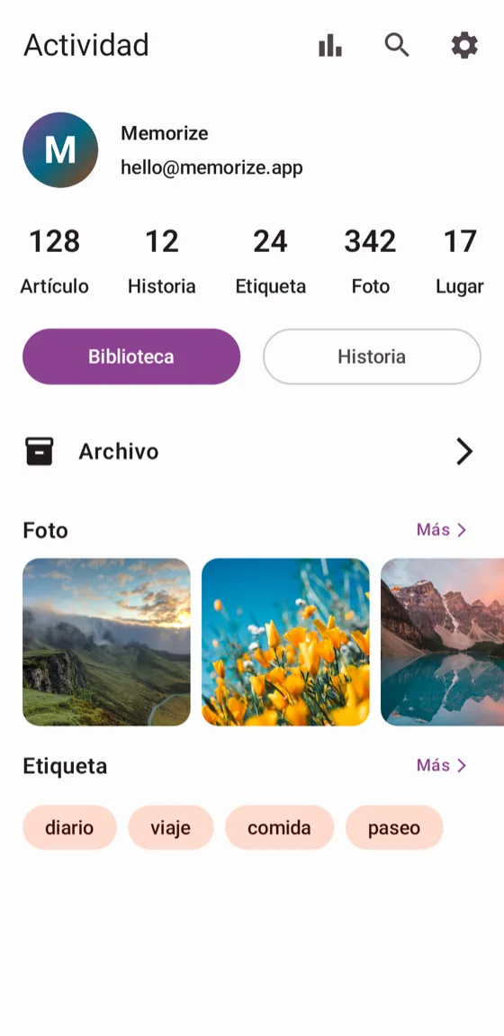 Pantalla de registro de actividad