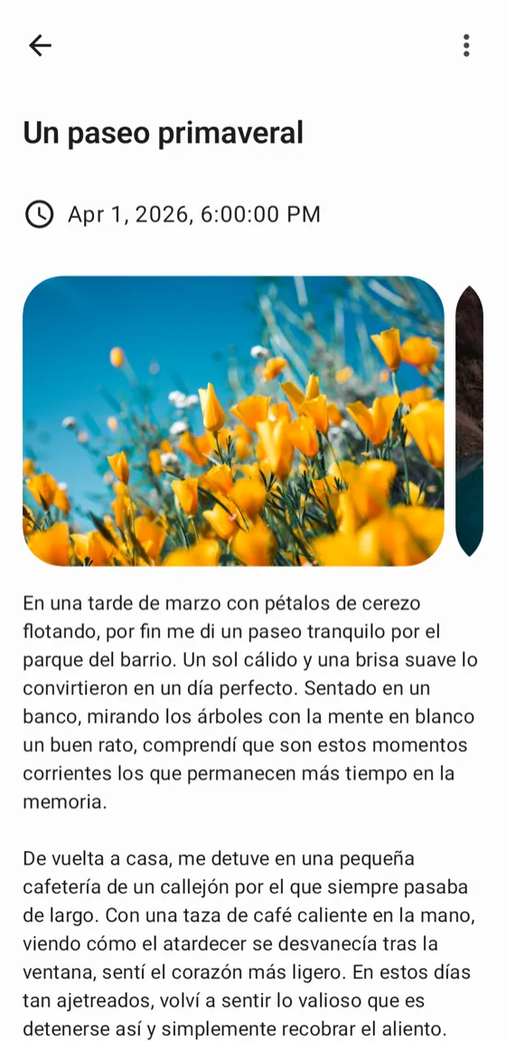 Pantalla de escritura con foto, ubicación y clima
