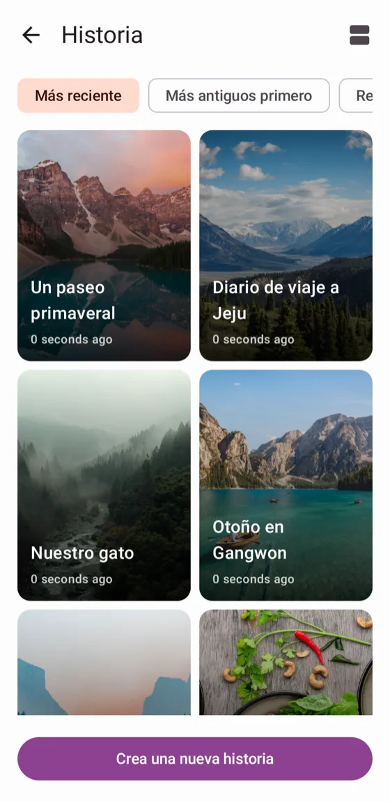 Pantalla de historia que une entradas