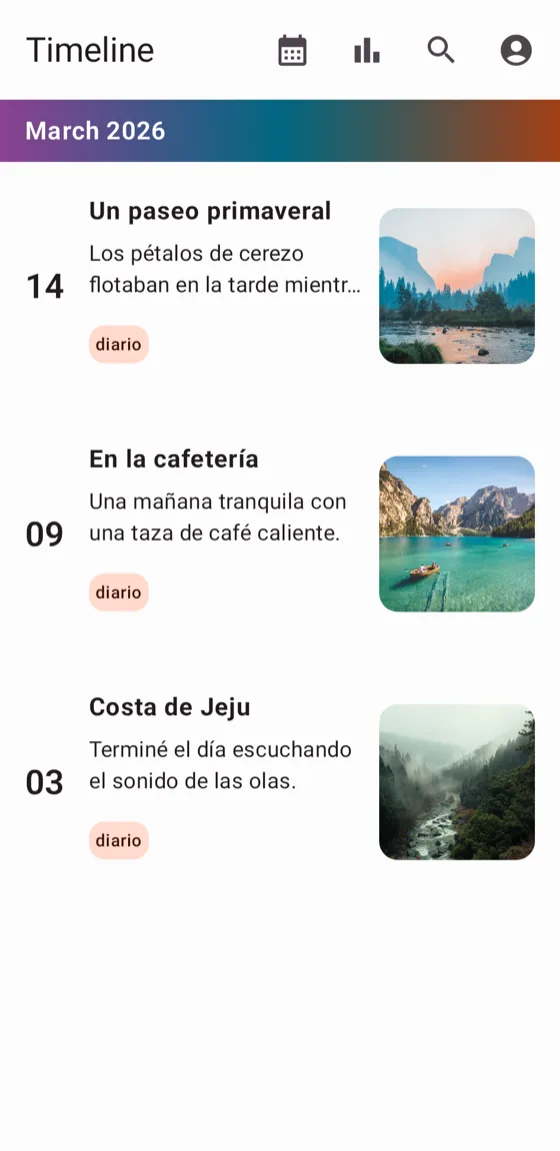 Pantalla de línea de tiempo con entradas pasadas