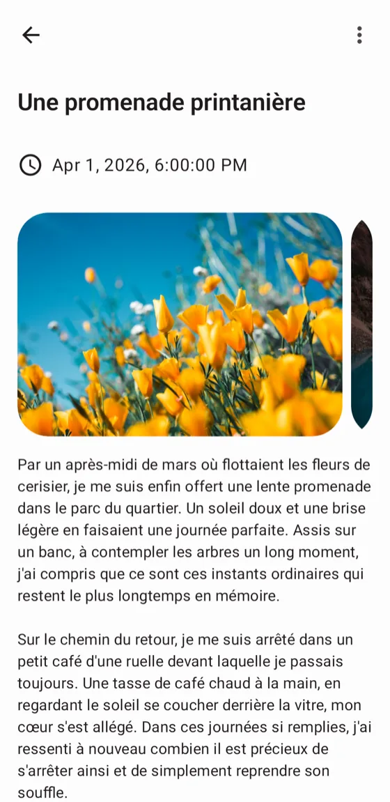 Écran d'écriture avec photo, lieu et météo