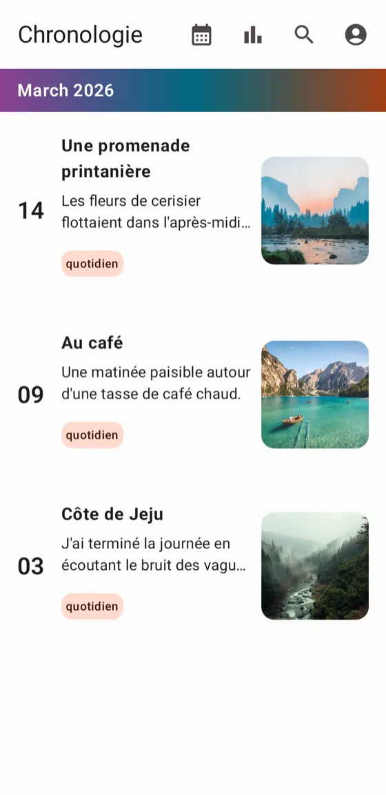 Écran chronologie revisitant les entrées passées